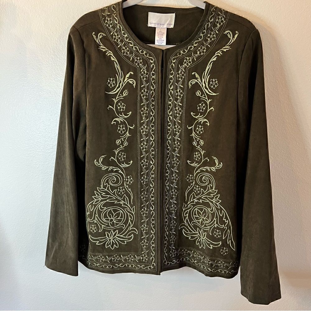 NWT Susan Graver Jacket Sz Large Olive Green Faux Suede Embroidered Long Sleeve